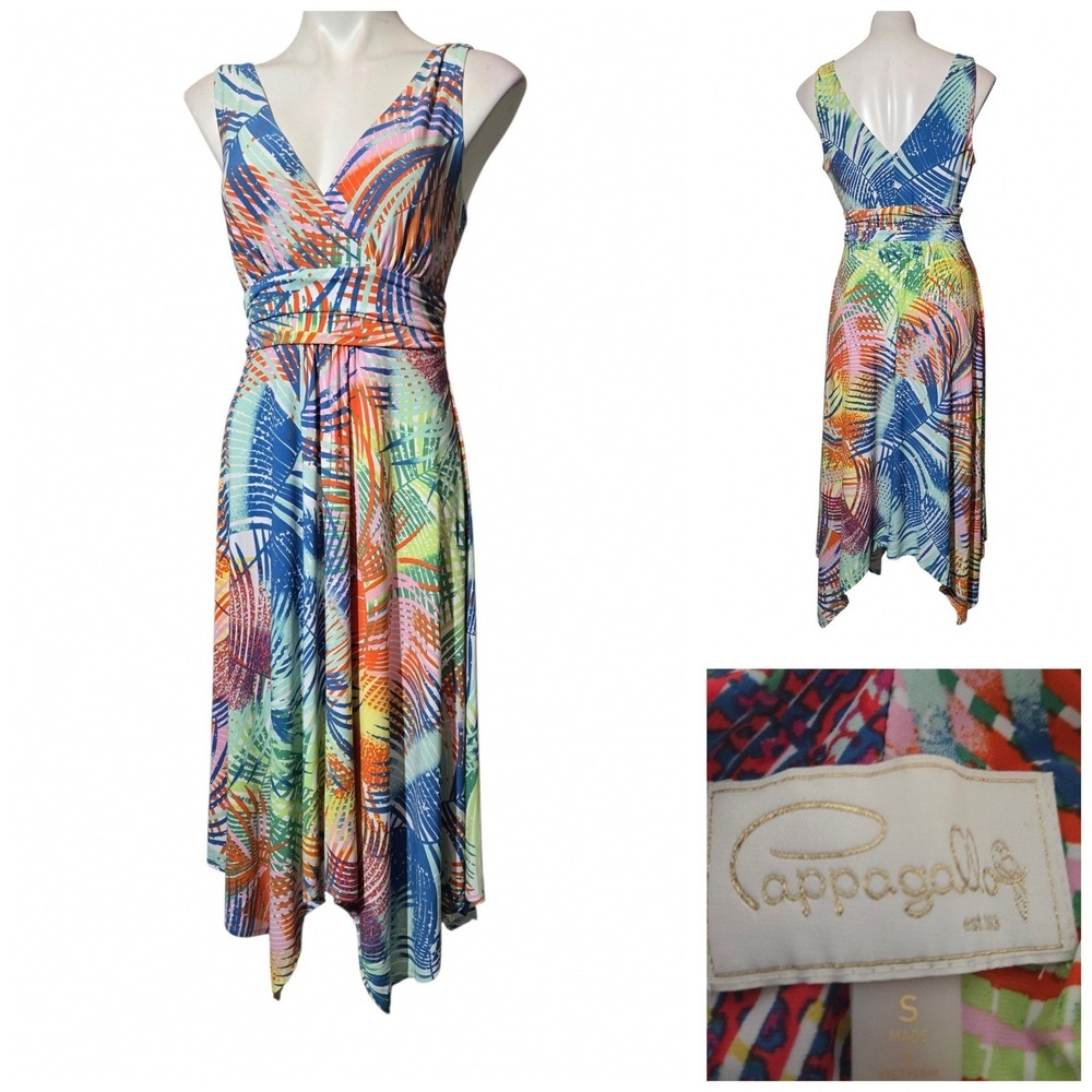 Pappagallo Tropical Palm Print Handkerchief Hem Midi Dress Multi Color Small
